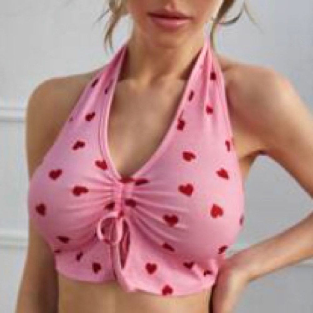 heart print drawstring front‎ crop halter top